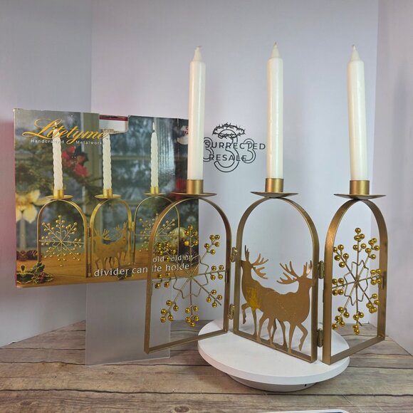 Litetyme Other - NOS Litetyme Gold Metalworks Reindeer Snowflake Folding Candle Holder Candles